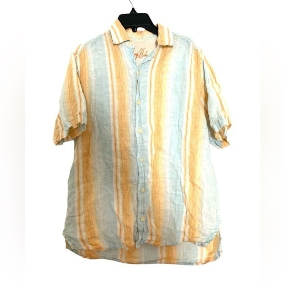Tommy Bahama Linen Button Down Shirt Short Sleeve Striped White Blue Yellow S